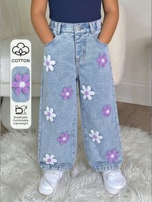 SHEIN ChillGRL 少女寬鬆牛仔褲 Y2K 牛仔女郎風 2025 寬大寬腿褲 唯美時尚 雪花水洗 破洞刺繡 喇叭褲 淺藍色 - 淺色水洗藍 - 查看 2