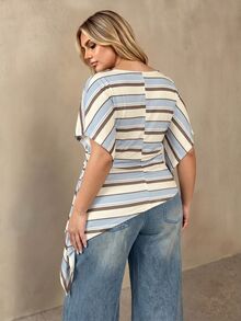 Auralis Plus Size Women's Solid Color Batwing Striped Pattern Short Sleeve Ruched Asymmetrical Hem Fashion T-Shirt - Suitable For Casual, Daily And Office Wear - Multicolor - View 3