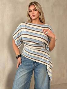 Auralis Plus Size Women's Solid Color Batwing Striped Pattern Short Sleeve Ruched Asymmetrical Hem Fashion T-Shirt - Suitable For Casual, Daily And Office Wear - Multicolor - View 6