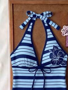 Elavelle Women's Spring/Summer Random Print Spaghetti Strap Bow Tank Top Bikini Top Vacation Beach Navy Blue Coastal Tropical,Going Out Tops - Multicolor - View 5