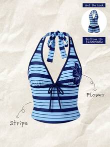 Elavelle Women's Spring/Summer Random Print Spaghetti Strap Bow Tank Top Bikini Top Vacation Beach Navy Blue Coastal Tropical,Going Out Tops - Multicolor - View 1