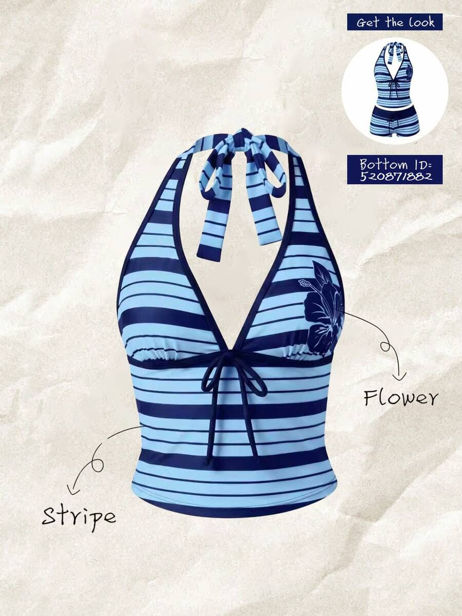 Elavelle Women's Spring/Summer Random Print Spaghetti Strap Bow Tank Top Bikini Top Vacation Beach Navy Blue Coastal Tropical,Going Out Tops - Multicolor - View 1