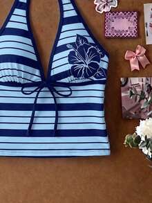 Elavelle Women's Spring/Summer Random Print Spaghetti Strap Bow Tank Top Bikini Top Vacation Beach Navy Blue Coastal Tropical,Going Out Tops - Multicolor - View 6