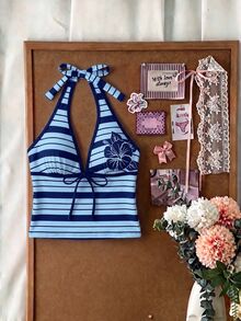 Elavelle Women's Spring/Summer Random Print Spaghetti Strap Bow Tank Top Bikini Top Vacation Beach Navy Blue Coastal Tropical,Going Out Tops - Multicolor - View 3