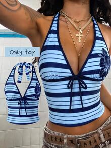 Elavelle Women's Spring/Summer Random Print Spaghetti Strap Bow Tank Top Bikini Top Vacation Beach Navy Blue Coastal Tropical,Going Out Tops - Multicolor - View 2