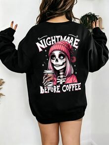 EMERY ROSE Women Crew Neck Long‑Sleeve Sweatshirt, Front & Back Nightmare Before Coffee Skeleton Coffee Graphic Drop Shoulder Loose Pullover, VintageHalloweenY2K - Black - View 11