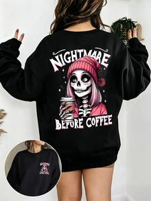 EMERY ROSE Women Crew Neck Long‑Sleeve Sweatshirt, Front & Back Nightmare Before Coffee Skeleton Coffee Graphic Drop Shoulder Loose Pullover, VintageHalloweenY2K - Black - View 1