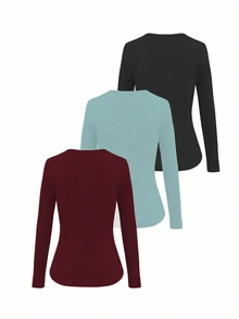 INAWLY 3pcs Women's Solid Color Minimalist Crew Neck Long Sleeve T-Shirt Set - Multicolor - View 2