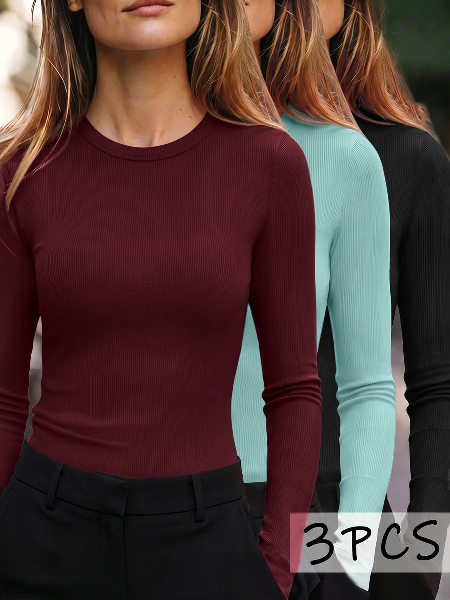 INAWLY 3pcs Women's Solid Color Minimalist Crew Neck Long Sleeve T-Shirt Set - Multicolor - View 1