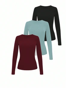 INAWLY 3pcs Women's Solid Color Minimalist Crew Neck Long Sleeve T-Shirt Set - Multicolor - View 6