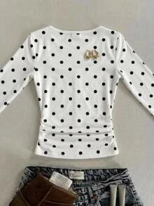 Kaos Anak Perempuan Remaja Kasual Sehari-hari Serbaguna Nyaman Leher Bulat Motif Polkadot - Putih - View 8