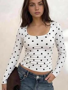 Kaos Anak Perempuan Remaja Kasual Sehari-hari Serbaguna Nyaman Leher Bulat Motif Polkadot - Putih - View 5