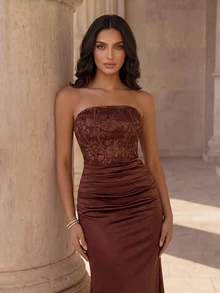 Coutiva Elegant Strapless Lace Patchwork Banquet Dress, Fitted Evening Gown With Bodycon Fishbone Pleated Design - Brown - View 5