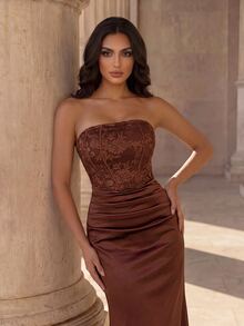 Coutiva Elegant Strapless Lace Patchwork Banquet Dress, Fitted Evening Gown With Bodycon Fishbone Pleated Design - Brown - View 3