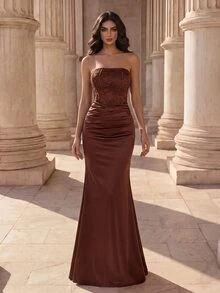 Coutiva Elegant Strapless Lace Patchwork Banquet Dress, Fitted Evening Gown With Bodycon Fishbone Pleated Design - Brown - View 6