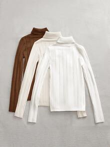 SHEIN LUNE 3 件套女士百搭经典百搭套头衫保暖休闲毛衣，秋冬高领毛衣女士女士高领上衣针织高领上衣高领毛衣罗纹高领毛衣 - 彩色 - 查看 2