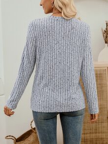 EMERY ROSE Women's Light Blue Ribbed Knit Sweater,Solid Color Round Neck Long Sleeve Loose T-Shirt,Grey Autumn Casual Top For Every Occasion - Grey - View 2