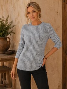 EMERY ROSE Women's Light Blue Ribbed Knit Sweater,Solid Color Round Neck Long Sleeve Loose T-Shirt,Grey Autumn Casual Top For Every Occasion - Grey - View 1