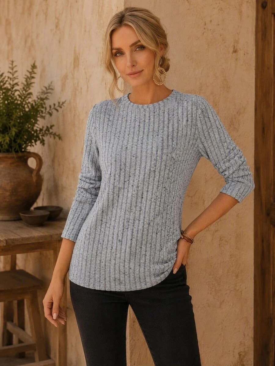 EMERY ROSE Women's Light Blue Ribbed Knit Sweater,Solid Color Round Neck Long Sleeve Loose T-Shirt,Grey Autumn Casual Top For Every Occasion - Grey - View 1