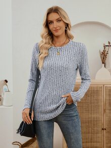 EMERY ROSE Women's Light Blue Ribbed Knit Sweater,Solid Color Round Neck Long Sleeve Loose T-Shirt,Grey Autumn Casual Top For Every Occasion - Grey - View 4