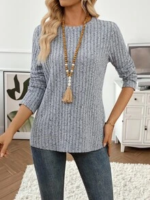 EMERY ROSE Women's Light Blue Ribbed Knit Sweater,Solid Color Round Neck Long Sleeve Loose T-Shirt,Grey Autumn Casual Top For Every Occasion - Grey - View 8