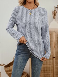 EMERY ROSE Women's Light Blue Ribbed Knit Sweater,Solid Color Round Neck Long Sleeve Loose T-Shirt,Grey Autumn Casual Top For Every Occasion - Grey - View 3