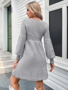 SHEIN LUNE Women Fashion Casual Patchwork Waist A-Line Ribbed Hem Crew Neck Sweater Dress In Fall/Winter - Light Grey - View 2