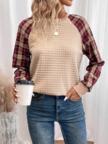 SHEIN LUNE 格子插肩袖運動衫，秋冬休閒女款秋季穿搭 - 彩色 - 查看 5