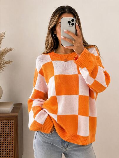 SHEIN LUNE Women's Orange And White Checkerboard Warm Sweater, Suitable For Autumn And Back-To-School School Graduation Travel Casual