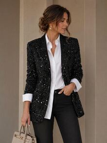 EMERY ROSE Open Front Sequin Blazer In Autumn/ Party Dinner Night Out Black Sequin Elegant - Black - View 1