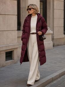 SHEIN LUNE Abrigo acolchado con capucha y bolsillos en ángulo - Burdeos - Ver 1