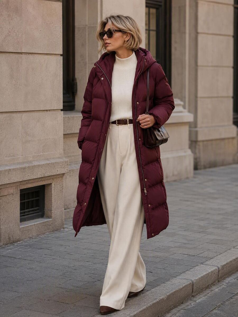 SHEIN LUNE Abrigo acolchado con capucha y bolsillos en ángulo - Burdeos - Ver 1
