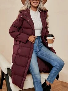 SHEIN LUNE Abrigo acolchado con capucha y bolsillos en ángulo - Burdeos - Ver 3