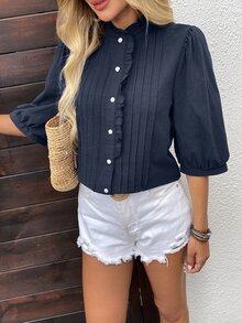 EMERY ROSE Women's Simple French Elegant Solid Color Button Collar Ruffle Button Up Blouse Cotton Office Brunch Navy Blue Autumn - Royal Blue - View 8