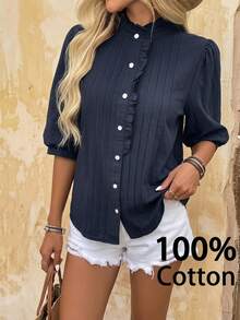 EMERY ROSE Women's Simple French Elegant Solid Color Button Collar Ruffle Button Up Blouse Cotton Office Brunch Navy Blue Autumn - Royal Blue - View 7