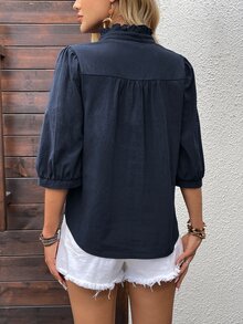 EMERY ROSE Women's Simple French Elegant Solid Color Button Collar Ruffle Button Up Blouse Cotton Office Brunch Navy Blue Autumn - Royal Blue - View 3
