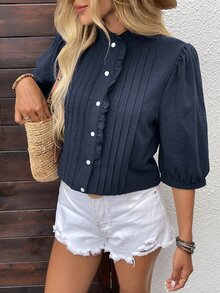 EMERY ROSE Women's Simple French Elegant Solid Color Button Collar Ruffle Button Up Blouse Cotton Office Brunch Navy Blue Autumn - Royal Blue - View 4