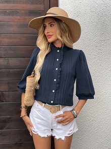 EMERY ROSE Women's Simple French Elegant Solid Color Button Collar Ruffle Button Up Blouse Cotton Office Brunch Navy Blue Autumn - Royal Blue - View 5