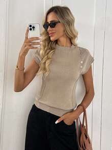 Easowa Women's Solid Color Round Neck Bat Short Sleeve Button Design Casual Knitted Top,Knitted Sweater In Fall/Winter Women's Sweater - Camel - View 5