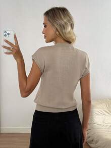Easowa Women's Solid Color Round Neck Bat Short Sleeve Button Design Casual Knitted Top,Knitted Sweater In Fall/Winter Women's Sweater - Camel - View 2
