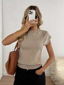 Easowa Women's Solid Color Round Neck Bat Short Sleeve Button Design Casual Knitted Top,Knitted Sweater In Fall/Winter Women's Sweater - Camel - View 6