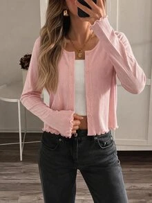 Easowa 女款素色單排扣長袖荷葉邊休閒輕便夾克旅行用 嬰兒粉 秋季女裝 - 淺粉色 - 查看 1