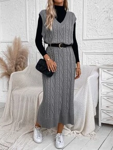 SHEIN LUNE 1pc Cable Knit Sweater Dress Without Belt In Fall/Winter - Dark Grey - View 4