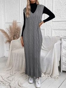 SHEIN LUNE 1pc Cable Knit Sweater Dress Without Belt In Fall/Winter - Dark Grey - View 5