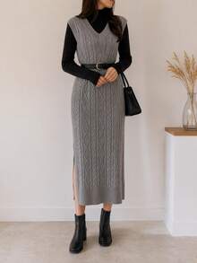 SHEIN LUNE 1pc Cable Knit Sweater Dress Without Belt In Fall/Winter - Dark Grey - View 2