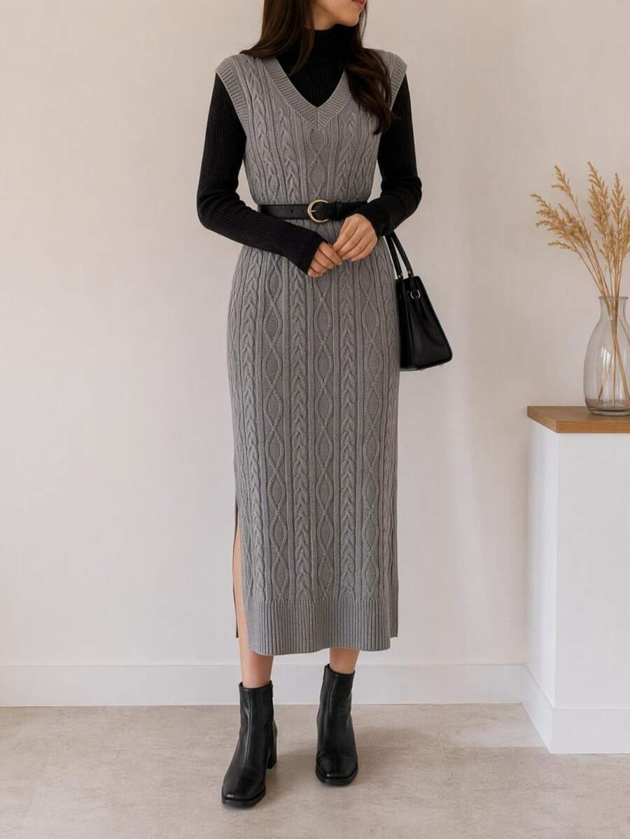 SHEIN LUNE 1pc Cable Knit Sweater Dress Without Belt In Fall/Winter