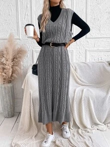 SHEIN LUNE 1pc Cable Knit Sweater Dress Without Belt In Fall/Winter - Dark Grey - View 6