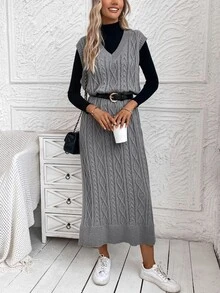 SHEIN LUNE 1pc Cable Knit Sweater Dress Without Belt In Fall/Winter - Dark Grey - View 7
