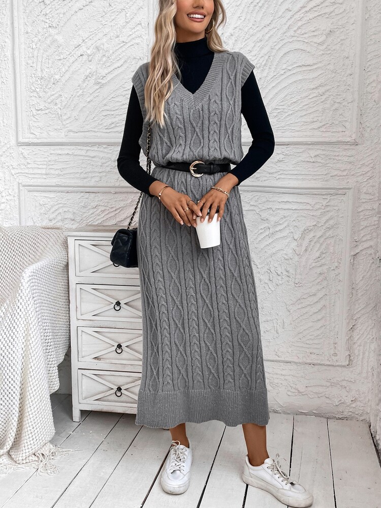 SHEIN LUNE 1pc Cable Knit Sweater Dress Without Belt In Fall/Winter - Dark Grey - View 6