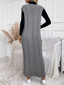 SHEIN LUNE 1pc Cable Knit Sweater Dress Without Belt In Fall/Winter - Dark Grey - View 3